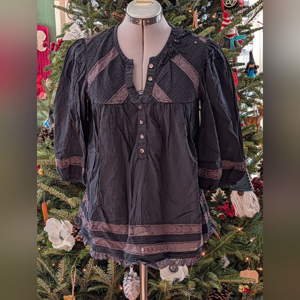 Free People Black and Purple Buttoned Blouse